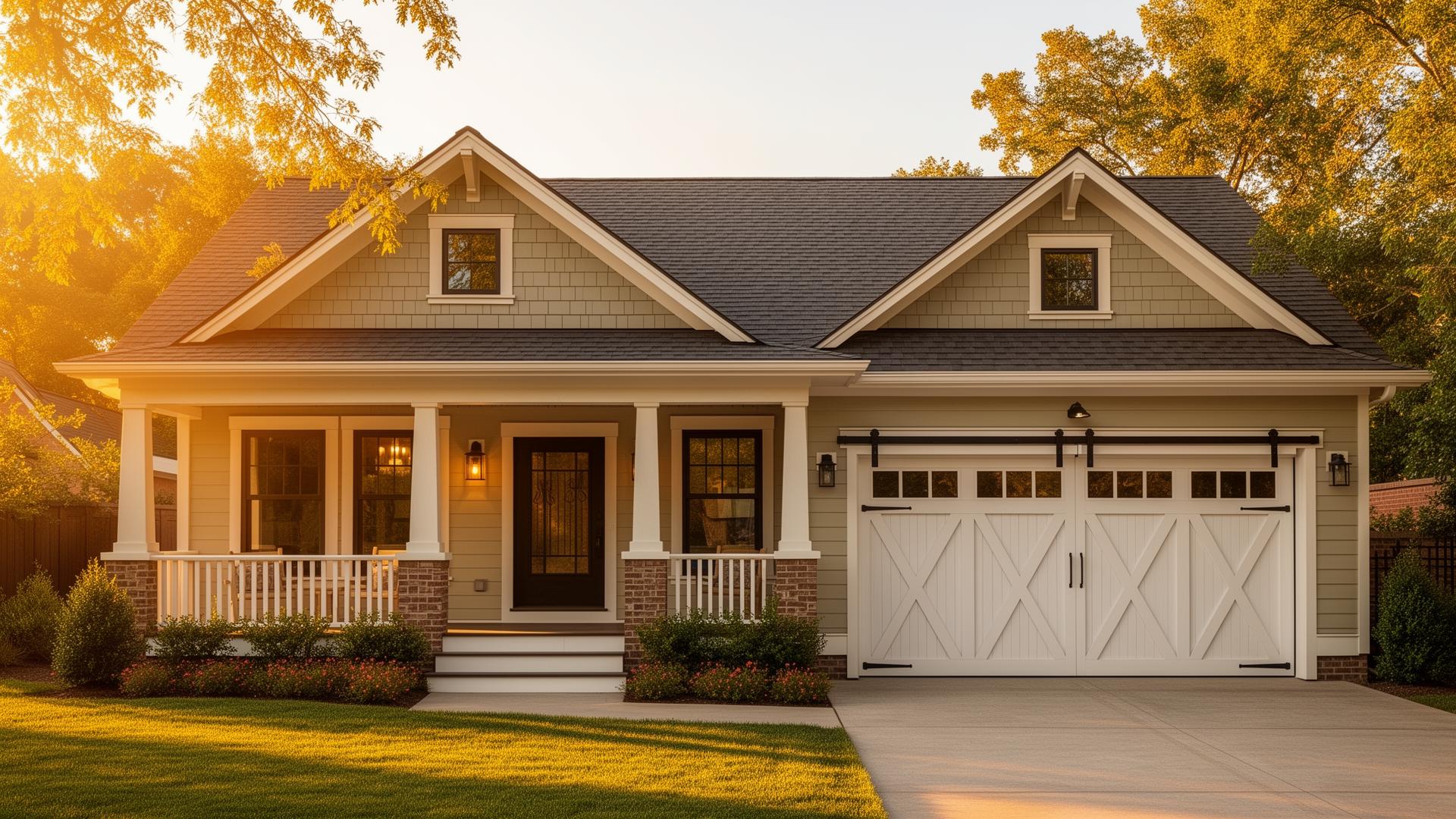 Beautiful craftsman home with farmhouse barn-style sliding garage door featuring X-pattern design in San Marcos Texas